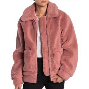 ELODIE Fuzzy Faux Shearling Teddy Bear Jacket Full-Zip Oversized Pink Size Small
